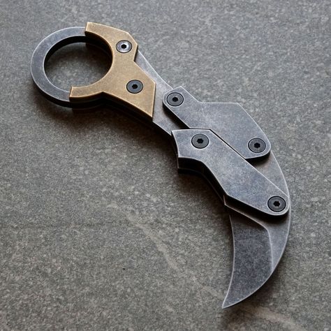 Handmade folding karambit knife from W1-7 high carbon steel and brass ring handle element. Folding Karambit, Tactical Medic, Knife Template, Cook Kitchen, Tactical Swords, Knife Making Tools, Diy Knife, Knife Patterns, Handcrafted Knife