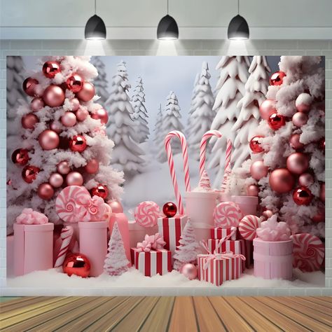 Candy Photography, Candy Stick, Tree Background, Pj Party, Merry Christmas Background, Pink Gift Box, Holiday Wall Decor, Christmas Backdrops, Christmas Party Decorations