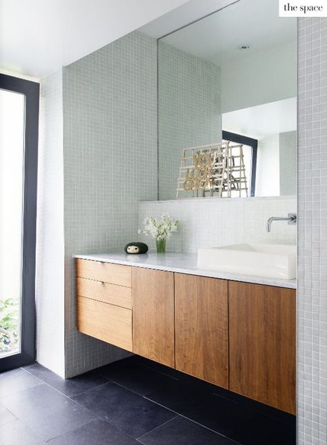 I love a wall mounted timber vanity unit, especially in an alcove like this: