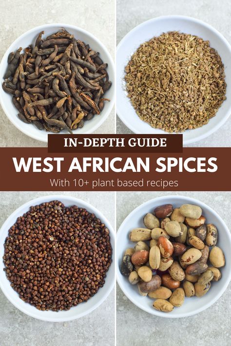 Learn about the unique spices used in west african food, how they taste, smell plus 10+ plant based recipe ideas Essential Spices, African Herbs, Plant Based Recipe, African Spices, Spice Blends Recipes, West African Food, African Cooking, Spice Mix Recipes, Homemade Spice Blends