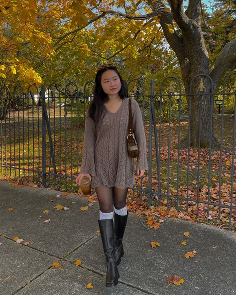 Favorite outfits from last fall 🍂 Downtown Work Outfits, Thanks Giving Dinner Outfits, Thanksgiving Ootd Outfit Ideas, Fall Outfit Styling, Winter Outfits Tall Boots, Brown Fall Dress Outfit, Brown Fall Boots Outfits, Tall Boot Fall Outfits, Styling Dresses For Fall