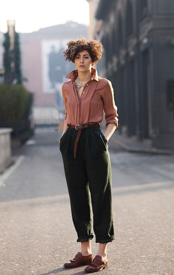 silk blouse and loafers Trousers, Hands On, A Woman, Green, Pants