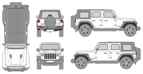 Download vehicle template for designing vehicle wrap for Jeep Wrangler 2019 4-Door. Mahindra Thar Blueprint, Jeep Template, Jeep Blueprint, Cool Jeeps Wrangler, Vehicle Blueprint, Jeep Drawing, Architect Data, Rhino Tutorial, Car Blueprint