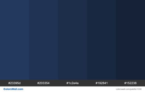 Dark blue shades colours. HEX colors #23395d, #203354, #1c2e4a, #192841, #152238. Brand original color codes, colors palette. Blue Color Hex, Dark Blue Color Code, Blue Hex Code, Navy Blue Paint Colors, Navy Color Palette, Navy Blue Paint, Ui Color, Blue Shades Colors, Dark Blue Shirt