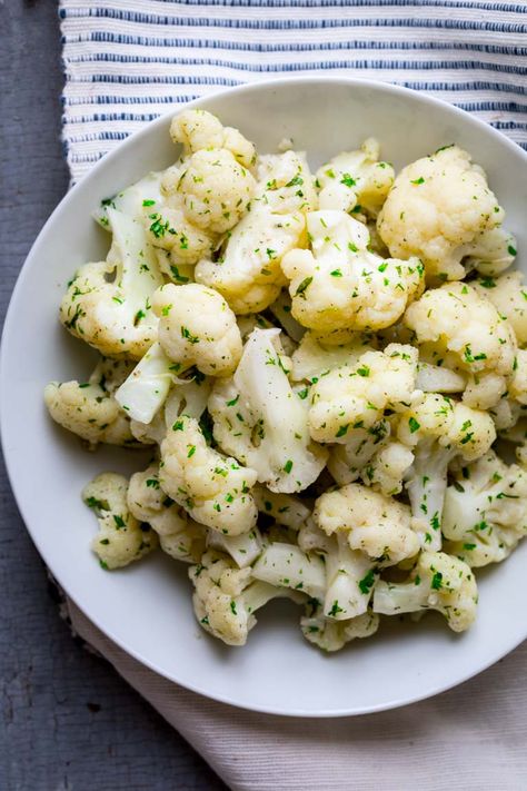 Simple Steamed Cauliflower with Herbs on Healthy Seasonal Recipes. Only 45 calories per serving. Low-carb and gluten-free #lowcarb #glutenfree #keto #cauliflower #sidedish #lowcalorie Cauliflower Steamed Recipes, Boiled Cauliflower Recipes, Steamed Cauliflower Recipes, Delish Vegetables, January Produce, Steamed Broccoli And Cauliflower, Boiled Cauliflower, Boiled Veggies, Cauliflower Recipes Healthy