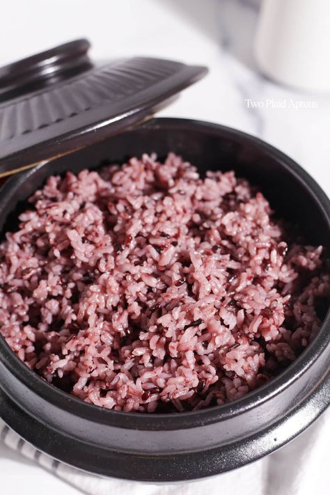 Korean purple rice, or huekmi bap (흑미밥) Korean Corn Dog Recipe, Homemade Ramen Noodles, Rice Alternatives, Corndog Recipe, Plaid Apron, Purple Rice, South Korean Food, Cheese Corn, Homemade Ramen