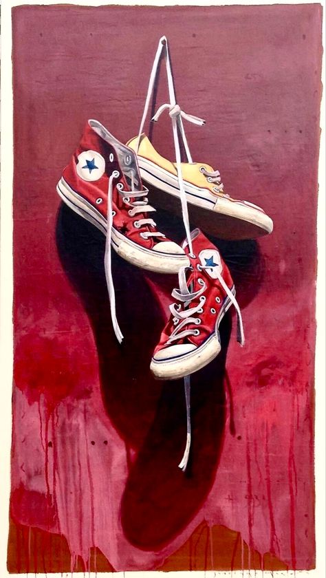 Yellow Chuck Taylors, Converse Wallpaper, Eclectic Paintings, Rasta Art, Yellow Converse, Maroon Background, Converse Chucks, Still Life Artists, Shoes Quotes