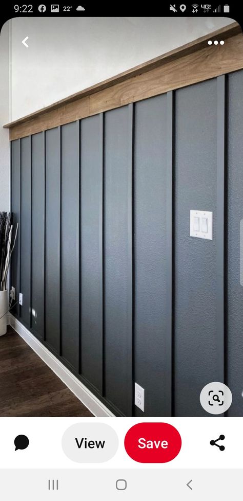 Modern Batten Wall, Lower Wall Wood Paneling Ideas, Basement Waynes Coating, Waynes Coating Ideas Office, Wood Wall Half Way Up, Wood Stained Wainscoting, Home Office Wainscoting Ideas, Black Beadboard Accent Wall, Wayne’s Coating Accent Wall