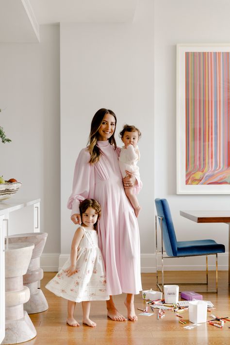 Arielle Charnas and children with 1187 Milo Baughman Design Classic dining chair from Thayer Coggin | Architectural Digest Arielle Charnas, Blue Dining Chair, Angel Hair Pasta, Something Navy, Style Guru, Emilia Wickstead, Shoes Too Big, Printed Carpet, Custom Drapes