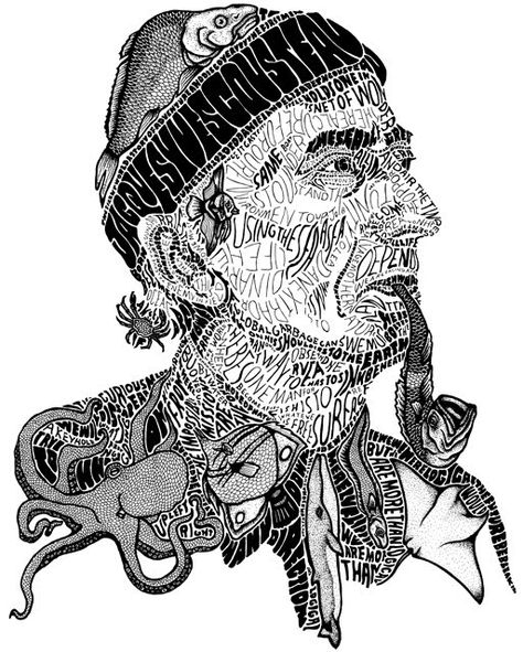 Sarah A King - Jacque Cousteau Typographic Portrait, Typography Portrait, Illustration Tumblr, Sarah King, Jacques Yves Cousteau, Jacques Cousteau, Life Aquatic, Ap Art, Book Illustration