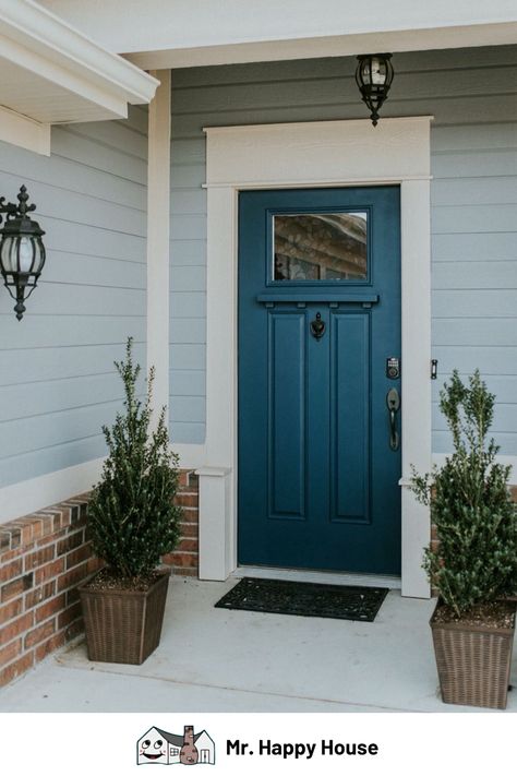 Renew your home with these new exterior siding colors. @SherwinWilliams @benjamin_moore. . . #sherwinwilliams #happyhouse #bluefrontdoor #frontdoor #siding #exteriorcolor #colorcombinations #housepaint #housepaintcolors Brown Window Trim, Camp Exterior, Light Blue House, Light Blue Houses, Best Exterior House Paint, Blue Siding, Exterior Door Colors, Blue Front Door, House Paint Color Combination