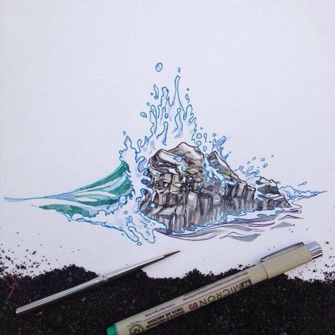 Water Crashing On Rocks Drawing, Rock In Water Drawing, Waves Crashing On Rocks Drawing, Rock And Water Tattoo, Rock And Wave Tattoo, Water Hitting Rocks, Wave Crashing Drawing, Wave And Rock Tattoo, Wave Crashing On Rocks Tattoo