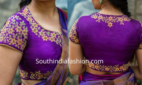 High Neck Blouse Work Designs, High Neck Work Blouse Designs, High Neck Maggam Work Blouse Designs, Half Hands Maggam Work Blouses, Back High Neck Blouse Designs, High Neck Blouse Designs, Zardosi Work Blouse, Violet Blouse, Blouse Designs Aari Work