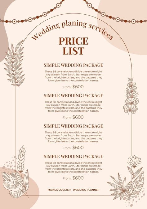 Abstract Hand-drawn Boho Wedding Planners Price List Event Planner Price List, Makeup Artist Price List, Bridal List, Event Planers, Wedding Reception Program, Wedding Packages Prices, Price List Template, Wedding Marketing, Abstract Hand