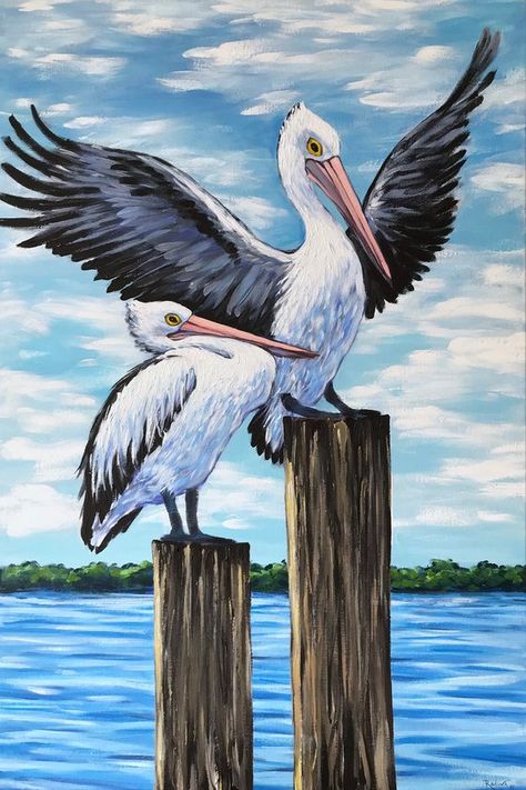 Painting Of Pelicans, Bird Art Acrylic, Pelican Watercolor Paintings, Water Birds Paintings, How To Paint A Pelican, Pelican Pictures, Restaurant Graffiti, Pelican Artwork, Pelican Drawing