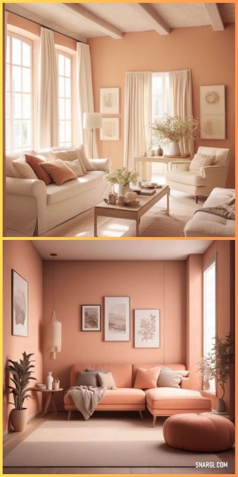 Implement peach living room decor ideas with a touch of vintage charm. Peach, cream, and brown leather furniture create a warm, nostalgic look. Add vintage frames and orange accents for character. Pale Orange Living Room, Peach Living Room Decor, Peach Living Room, Peach Living Rooms, Brown Leather Furniture, Peach Walls, Peach Cream, Living Room Orange, Pale Orange