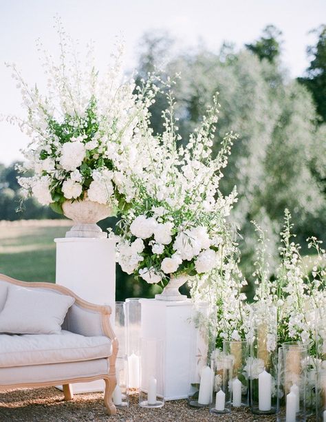 White Only Wedding Flowers, Wedding Lots Of Flowers, Summer White Wedding Flowers, All White Summer Wedding, Wedding Arrangements Ceremony, Connar Franklin Wedding, April Flowers Wedding, Entrance Flowers Wedding, White Altar Flowers