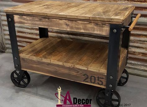 Rustic Island Kitchen, Reclaimed Wood Bedside Table, Rustic Island, Factory Cart, Reclaimed Wood Beds, Wood Cart, Portable Kitchen Island, Industrial Cart, Wooden Cart