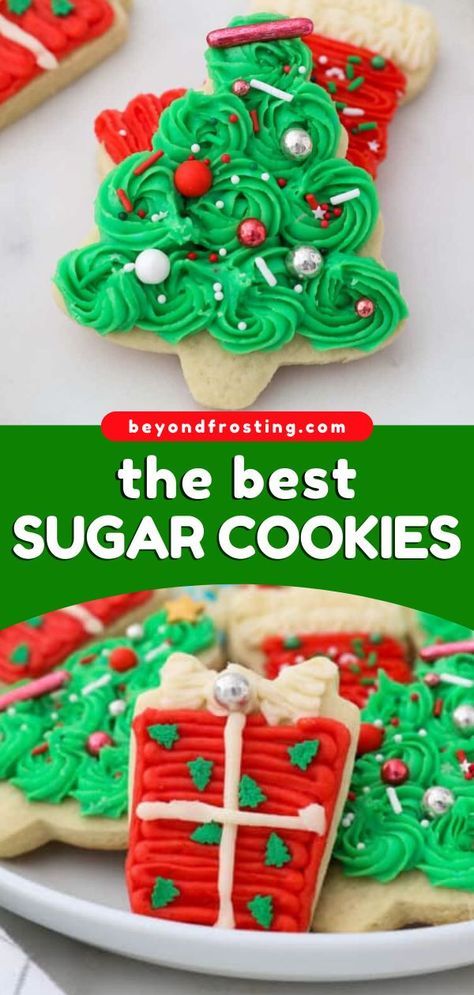 Easy Christmas cookies that are perfect for decorating! This holiday baking recipe will become a tradition in your house. Soft and buttery, these cut-out sugar cookies that don't spread are the BEST. Enjoy this sweet treat today! Traditional Christmas Sugar Cookies, Christmas Sugar Cookie Cutouts, Christmas Sugar Cookies With Buttercream Frosting, Soft Sugar Cookie Recipe Cut Outs, Christmas Cookies Recipes Sugar Cookie, Iced Sugar Cookies Christmas, Sugar Cookie Recipe Cut Out, Roll Out Sugar Cookie Recipe, Cutout Cookie Recipe