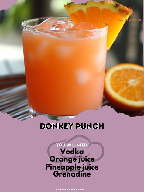 Kick back and enjoy the strong punch of flavors with this bold and exciting drink! Perfect for any wild party! 🎉🍊 #BoldDrinks #PunchItUp Donkey Punch Ingredients: Vodka (1 oz) Orange juice (2 oz) Pineapple juice (1 oz) Grenadine (1/2 oz) Ice cubes (as needed) Orange slice (for garnish) Instructions: In a shaker, mix vodka, orange juice, pineapple juice, and ice. Shake and pour into a glass. Add a splash of grenadine and garnish with an orange slice. 🍊🍸 Donkey Punch is the ultimate party d... Drinks With Orange Juice, Orange Alcoholic Drinks, Vodka Orange, Orange Juice And Vodka, Orange Juice Drinks, Strong Punch, Alcohol Beverages, Fun Drinks Alcohol, Homemade Chinese Food