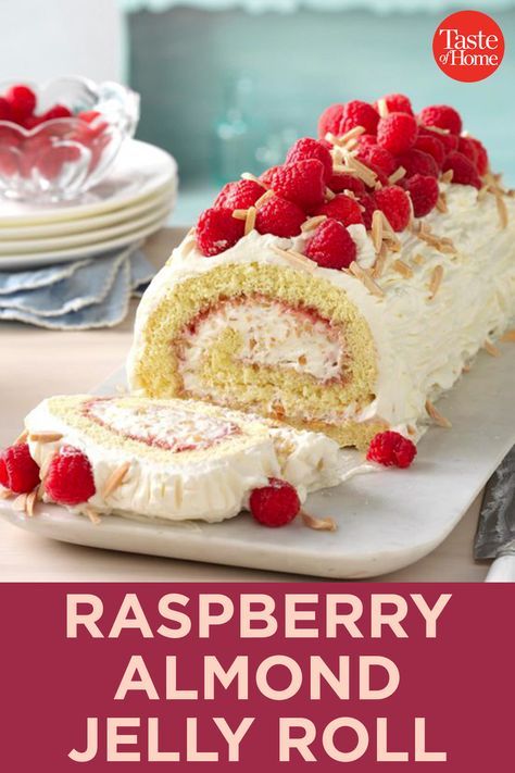 Easy Roll Cake, Raspberry Swiss Roll, Jelly Rolls Recipe, Raspberry And Almond Cake, Cedarburg Wisconsin, Almond Jelly, Roll Cake Recipe, Jelly Roll Cake, Swiss Roll Cake