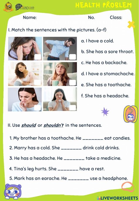 Health Problems Worksheet, English Classes For Kids, Health Worksheets, English Teaching Resources, English Activities For Kids, Kids Worksheets Preschool, Social Skills Activities, Health Class, Kids English