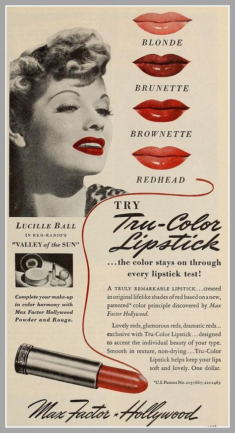 1940s Aesthetic, 1940s Makeup, 1950s Makeup, Vintage Americana Aesthetic, 50s Makeup, Makeup Poster, 50s Aesthetic, Lipstick Ad, Vintage Makeup Ads