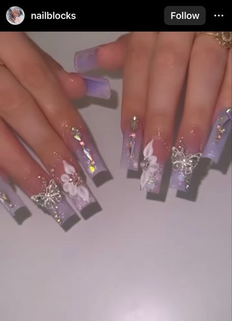 Prom Nail Ideas Purple, Elegant Nails Lavender, Purple Acrylic Nails With Charms, Lilac Nails For Quinceanera, Lavender Purple Acrylic Nails, Lilac Quinceanera Nails Butterfly, Lavender Butterfly Nails Quince, Light Purple Homecoming Couple, Purple Latina Nails