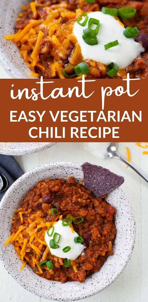 Meatless Chilli, Instant Pot Vegetarian Recipes, Meatless Chili Recipe, Instant Pot Vegetarian Chili, Veg Chili, Easy Vegetarian Chili Recipe, Lentil Chili Recipe, Instant Pot Vegetarian, Meatless Chili