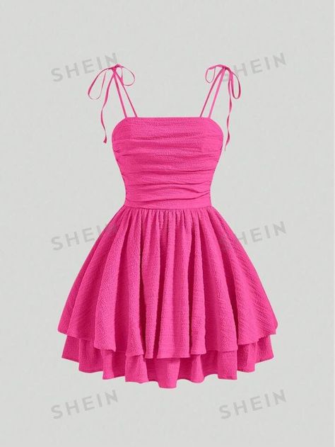 SHEIN MOD Tie Shoulder Layered Hem Ruched Cami Dress | SHEIN Cute Short Pink Dress, Batmitzvah Dress Guest, Pink And White Dress Outfit, Hot Birthday Outfit, Pink Tulle Dress Short, Hot Pink Dress Short, Pink Dress Birthday Outfit, Cute Pink Dresses, Simple Short Dress