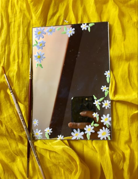 Mirror With Stickers Aesthetic, Square Mirror Painting Ideas, Small Mirror Decorating Ideas, Mirror Painting Square, Full Length Mirror Painting Ideas, Mirror Painting Easy, Mirror Art Painted Aesthetic, Flower Mirror Painting, Kaca Cermin Aesthetic