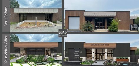 The Benefits of Exterior Design for Businesses - brick&batten Commercial Garage Doors, Vertical Siding, Office Remodel, Metal Siding, Wood Cladding, Brick And Mortar, Business Building, Building Exterior, Exterior Brick