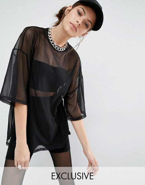 Image 1 of Bones Sheer Mesh Oversized Boxy T-Shirt Transparent Shirt Outfit, Mesh Shirt Outfit, Top Photoshoot, Outfit Rave, Baggy Tops, Mesh Fashion, Mesh T Shirt, Mesh Shirt, Shirts Women Fashion