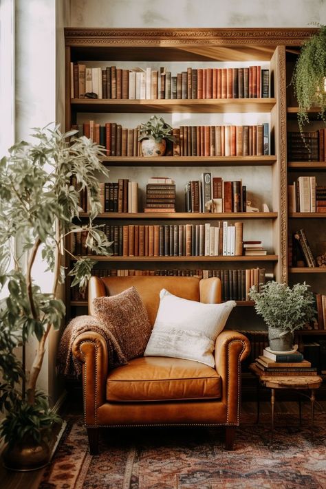 Cozy Home Library, Home Library Rooms, Home Library Design, Design Living Room, Home Library, Book Shelf, Cozy Living Rooms, Front Room, Decoration Design