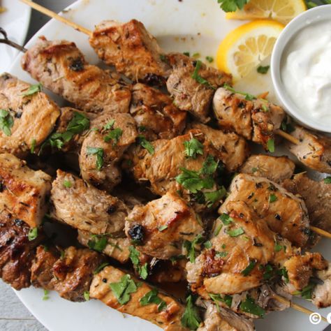 Pork Souvlaki – A Greek Recipe That Will Surprise You Greek Pork Kebab Recipes, Pork Greek Souvlaki, Greek Tenderloin, Pork Tenderloin Kebabs Kabob Recipes, Pork Souvlaki With Tzatziki, Souvlaki Pork Chops, Souvlaki Marinade Pork, Air Fryer Pork Souvlaki, Pork Slovakia Marinade