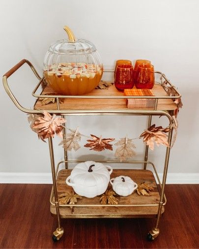 Fall Homemaking, Thanksgiving Bar Cart, Fall Bar Cart, Apartment Holiday Decor, Bar Cart Inspo, Bar Cart Inspiration, Decor Makeover, Wine Cart, Fall Room