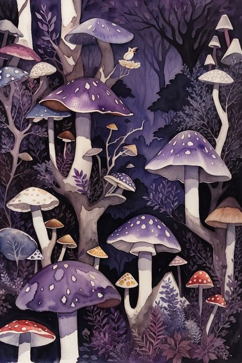 Watercolour, dark purple, forest, mushrooms, bats Purple Mushroom Art, Purple Mushroom Wallpaper, Purple Mushroom Aesthetic, Dark Mushroom Aesthetic, Dark Mushroom Forest, Mushroom Composition, Crisantemo Tattoo, Purple Mushrooms, Purple Mushroom