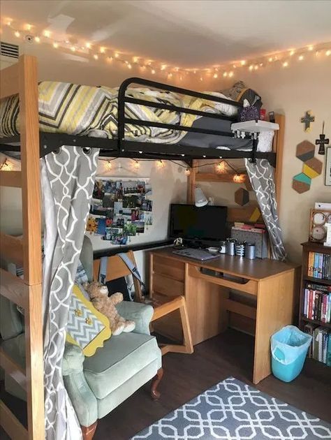 22 College Dorm Room Ideas for Lofted Beds - Cassidy Lucille Lofted Beds, Lofted Dorm Beds, College Dorm Room Ideas, College Bedroom Decor, Beautiful Dorm Room, College Bedroom Apartment, Dorm Room Styles, Small Apartment Bedrooms, College Bedroom