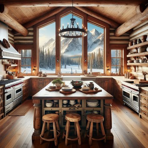 In a snowy retreat, a cozy cabin kitchen blends rustic charm with modern amenities. Bathed in natural light, the earth-toned wooden cabinets, vintage stove, polished stone island, and state-of-the-art appliances create a warm and inviting atmosphere. #CabinRetreat #RusticKitchen #ModernAmenities #VintageStyle #SnowyGetaway #MountainLiving Mountain Cabin Kitchen, Cabin Kitchens Rustic, Cozy Cabin Kitchen, Kitchen Island With Stove, Snowy Cabin, Rustic Kitchen Island, Vintage Stoves, Winter Cabin, Cabin Kitchens