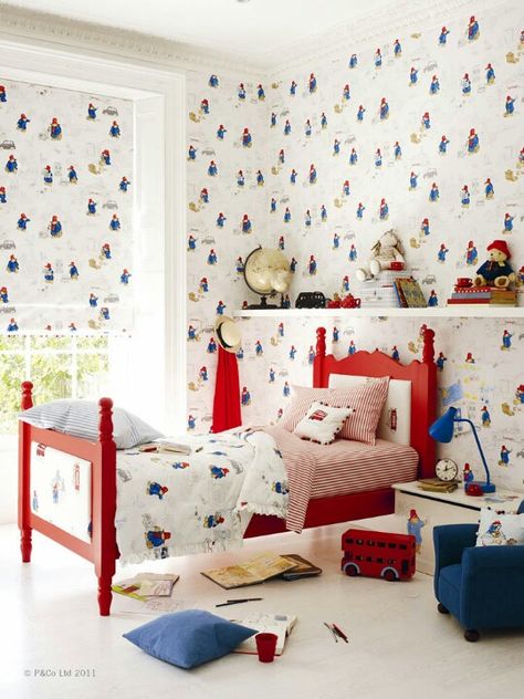 Jane Churchill vintage Paddington Bear wallpaper kids room design decor Paddington Wallpaper, Oso Paddington, London Paddington, London Bedroom, Jane Churchill, Bear Nursery, Paddington Bear, Toddler Rooms, Toddler Bedrooms