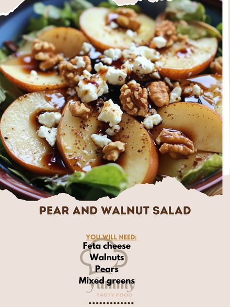 Refresh yourself with our Pear and Walnut Salad! A delightful blend of fresh pears, walnuts, and greens—perfectly healthy! 🍐🥗 #HealthySalad Pear and Walnut Salad Ingredients: Mixed greens (4 cups) Pears (2, sliced) Walnuts (½ cup, toasted) Feta cheese (¼ cup, crumbled) Olive oil (3 tbsp) Balsamic vinegar (2 tbsp) Honey (1 tbsp) Salt (¼ tsp) Pepper (¼ tsp) Instructions: In a large bowl, combine mixed greens, sliced pears, walnuts, and feta cheese. In a small bowl, whisk together olive oil,... Pear Salad With Walnuts And Feta, Walnut Feta Salad, Pear And Walnut Salad, Pear Walnut Salad, Cozy Fall Recipes, Sliced Pears, Fresh Salad Recipes, Pear Salad, Fresh Salad