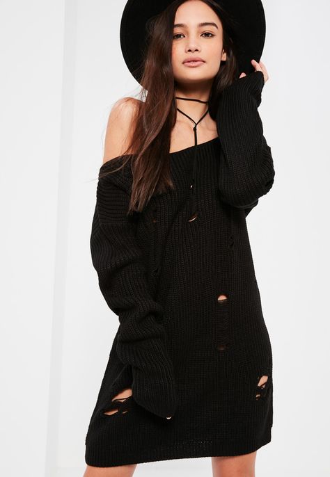 Black Distressed Off The Shoulder Sweater Dress | #Chic Only #Glamour Always Ripped Sweater Dress, Torn Dress, Off The Shoulder Sweater Dress, Off The Shoulder Jumper, Ripped Sweater, Destination Dress, Missguided Dress, Grunge Dress, Spring Knits