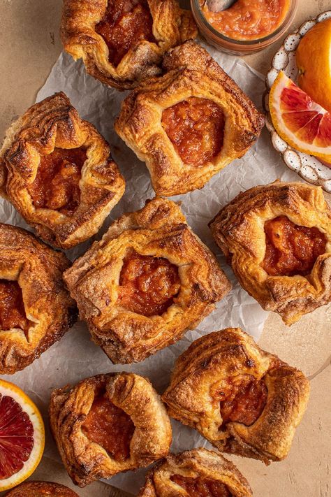 This kouign-amman with citrus marmalade has buttery flaky layers sandwiched with cinnamon sugar and is filled with a blood orange jam center. #pastry #citrus #bloodorange #dessert Jam Desserts, Orange Pastry, Orange Jam, Kouign Amann, French Dessert, Yummy Dessert, Fruit Slice, Cinnamon Sugar, Marmalade