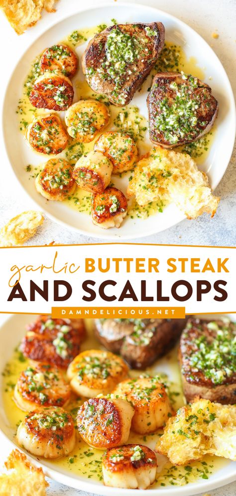 Looking for romantic date night ideas at home? This Valentine's Day dinner recipe has got you covered! It's ready in just 30 minutes. Cooked in the best garlic butter sauce, this steak and scallops is perfection! Steak And Scallops, Best Garlic Butter, Garlic Scallops, Night Dinner Recipes, Butter Steak, Date Night Recipes, Garlic Butter Steak, Gourmet Dinner, Romantic Meals