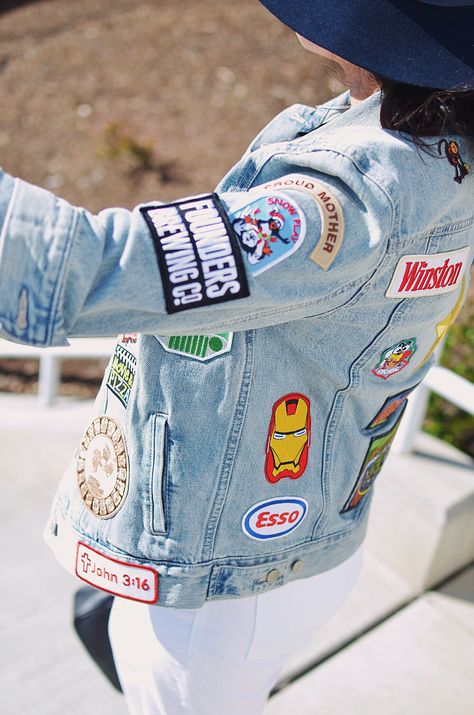 Patches on denim jacket Patches On Denim, Denim Jacket With Patches, Jacket With Patches, Jean Jacket Patches, Jacket Patches, Diy Denim Jacket, Valentine Diy, Denim Jacket Patches, Diy Jacket