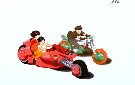 Akira (1988) / Cels x 2 / 240mm x 350mm  Kaneda, Kei and Kaisuke ride off into the ruins of Neo Tokyo in one of the final shots of the film. Akira Anime, Katsuhiro Otomo, Neo Tokyo, Collaborative Art, Character Design References, Manga Art, Cyberpunk, Comic Art, Science Fiction