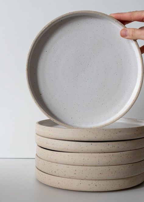 Stackable Ceramic Plates, Speckled Clay Plates, White Pottery Plates, Speckled Ceramic Plates, Kitchen Plates And Bowls, Plates That Look Like Bowls, Our Place Plates, Aesthetic Dinner Plates, Ceramic Bowls And Plates