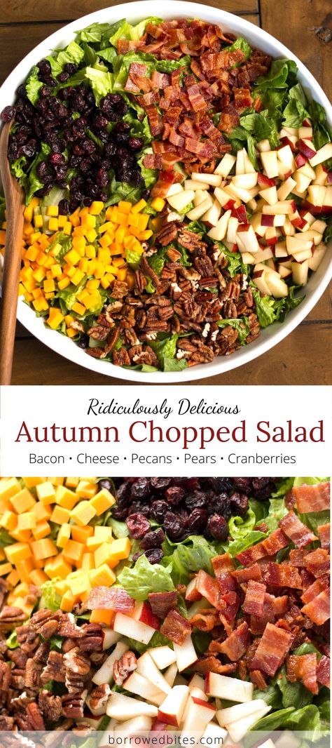 Succulent pears, salty bacon, tart cranberries, sharp cheese, and crunchy pecans with a sweet balsamic dressing on a bed of romaine. If you are looking for a special salad to wow your guests this Autumn Chopped Salad is it! Salad With Nuts Recipes, Side Salad For Thanksgiving, Savory Salad Recipes, Baby Shower Salad Ideas, Autumn Salads For A Crowd, Easy Tossed Salad, Best Side Salad, Autumn Chopped Salad, Special Salad