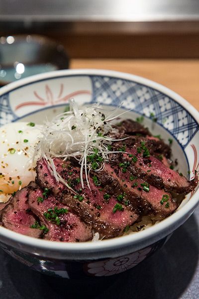 Gorgeous Wagyu Donburi (Wagyu Beef Bowl) with Onsen Tamago at the Fat Cow. Yummy! Japanese Wagyu Recipe, Wagyu Steak Aesthetic, Wagyu Donburi, Steak Donburi, Beef Donburi, Wagyu Beef Recipe, Donburi Recipe, Onsen Tamago, Dinner Date Recipes