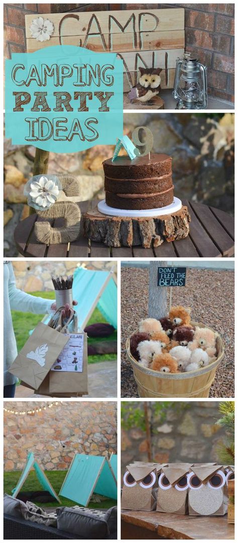 A fun backyard camping girl birthday party with turquoise tents, cake and a scavenger hunt. The rustic decor, especially those owl favor bags, are an easy DIY. Camp Party Ideas, Camping Party Ideas, Campout Party, Camping Theme Birthday, Glamping Birthday, Camp Party, Camping Girl, Fun Backyard, Glamping Party